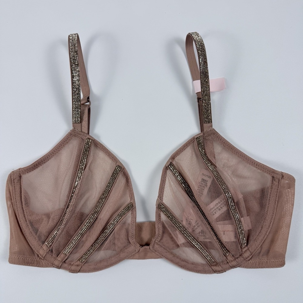 Victoria's Secret Very Sexy Sheer Shine Unlined Low Cut Demi Bra Tan Mesh 32D